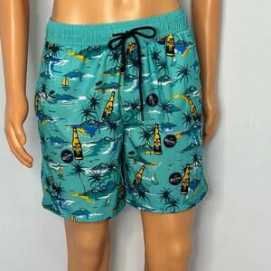 Corona Extra Men’s Tropical Swim Trunks Teal Palm Tree Beer Print Size Medium